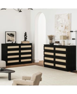 8 Drawer Double Dresser for Bedroom, Rattan Chest of Dressers