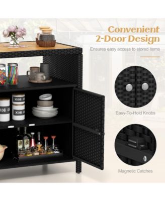Rattan Storage Cabinet with Acacia Wood Countertop for Poolside Deck and Patio
