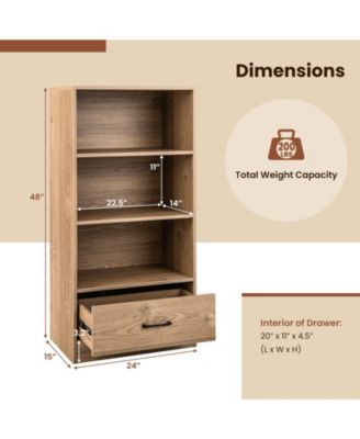 4-Tier Storage Bookcase with Open Shelves Drawer and Anti-toppling Device