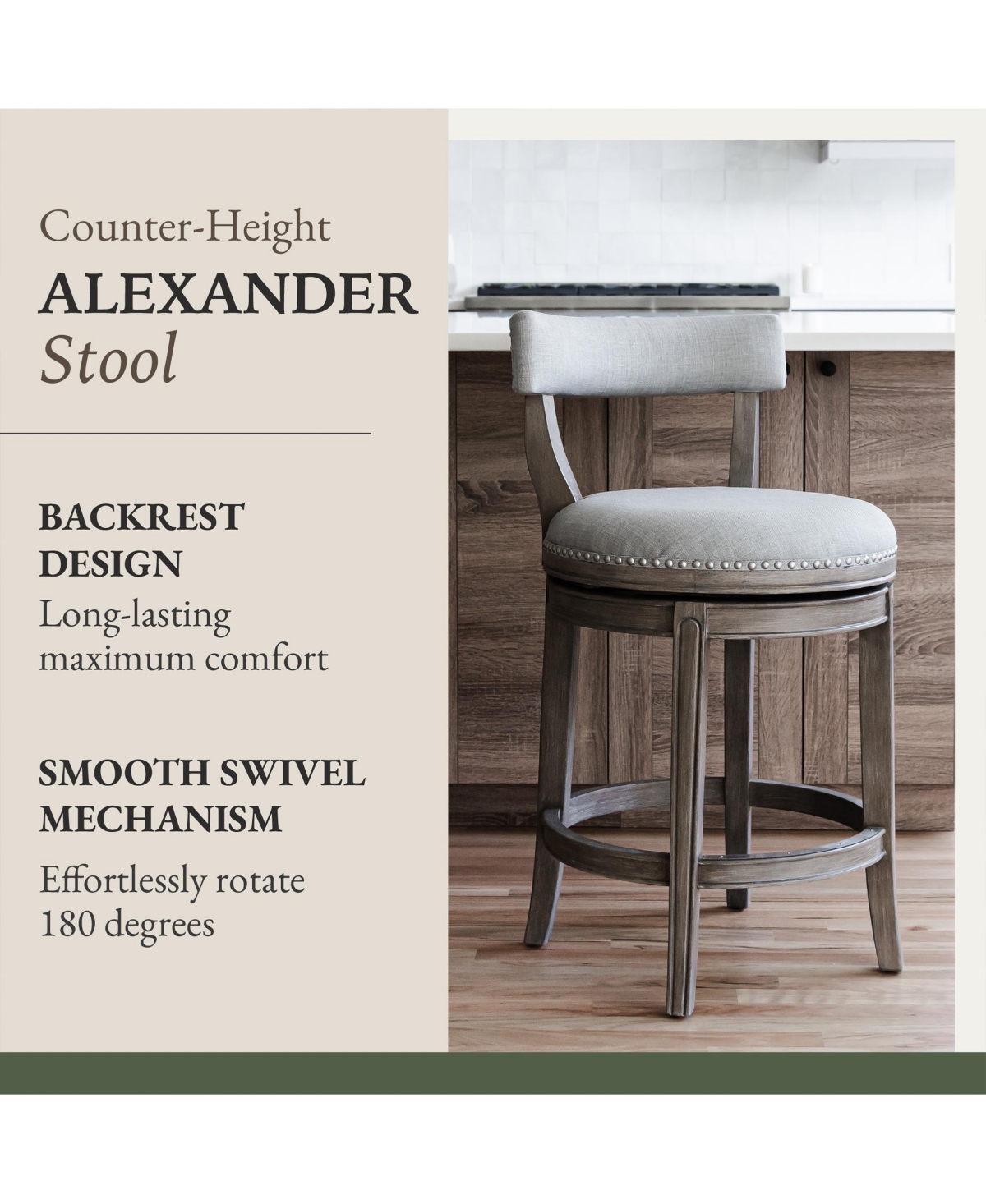 Maven Lane Alexander Counter Stool in Reclaimed Oak w/ Ash Grey Fabric, Set of 3