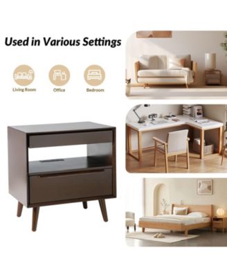 Jeraldo Mid-Century Modern 2-Drawer End Table with Built-In Outlets and Wooden Handle