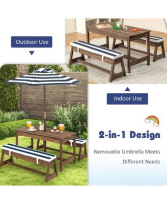 Kids Picnic Table and Bench Set with Cushions and Height Adjustable Umbrella