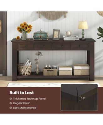 63 Inches Farmhouse Entryway Table with 4 Storage Drawers and Open Shelf
