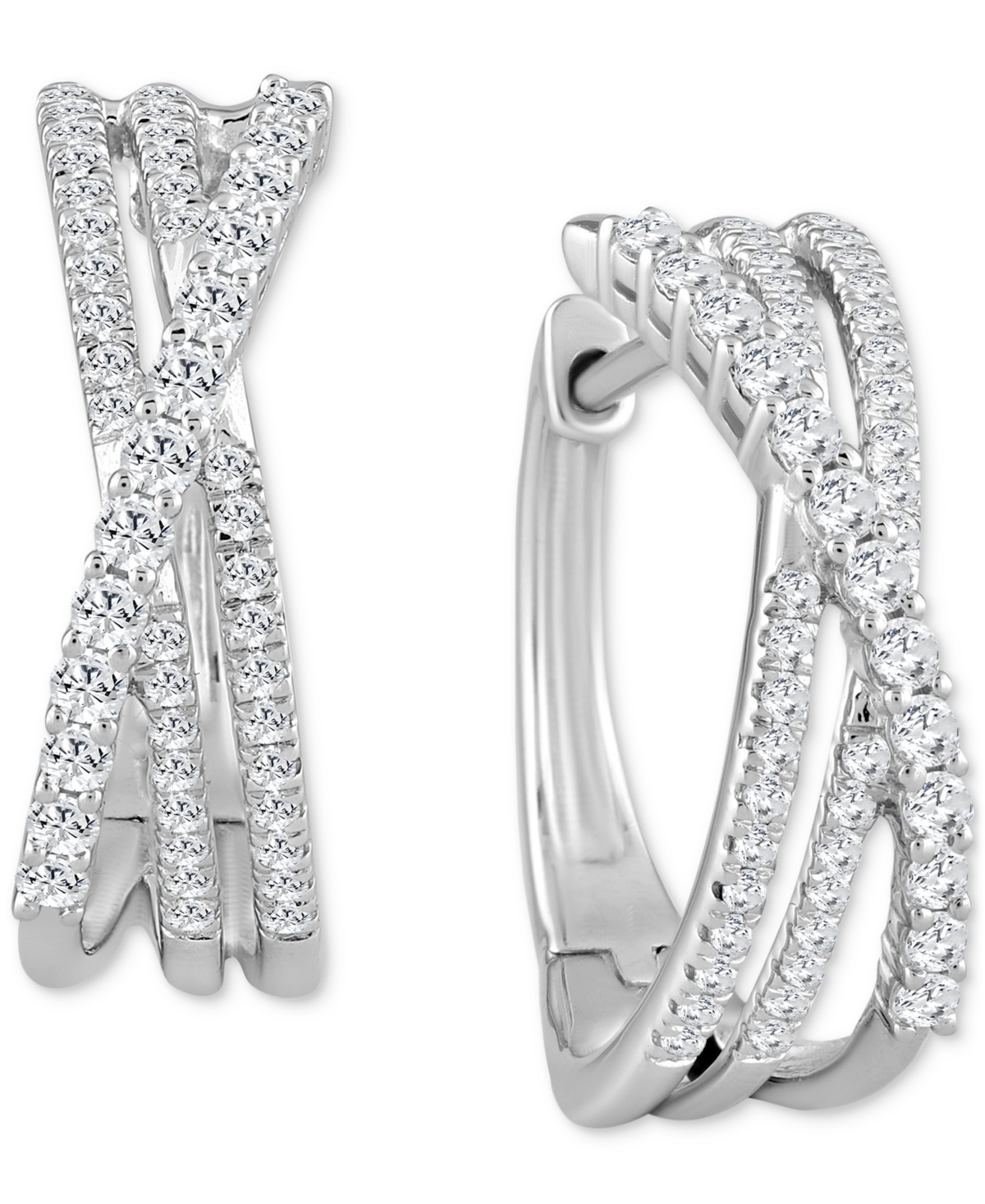 Macy's Diamond Multi-row Crossover Small Hoop Earrings (1/2 Ct. T.w.) In 10k White Gold In White Gold