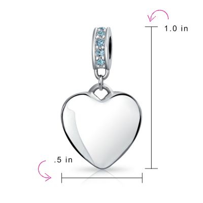 Crystal Accent Bale Heart Shape Dangle Bead Charm Sterling Silver