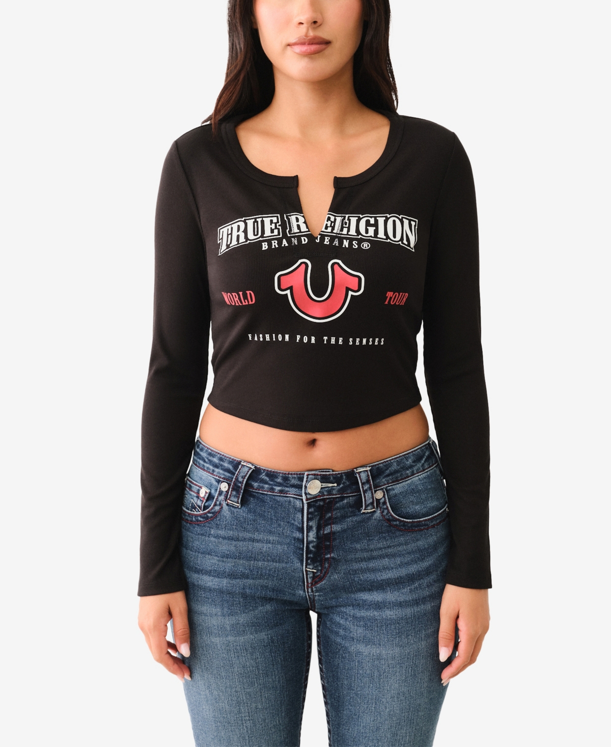 TRUE RELIGION WOMEN'S LOGO RIB V NOTCH LONG SLEEVE TOP 