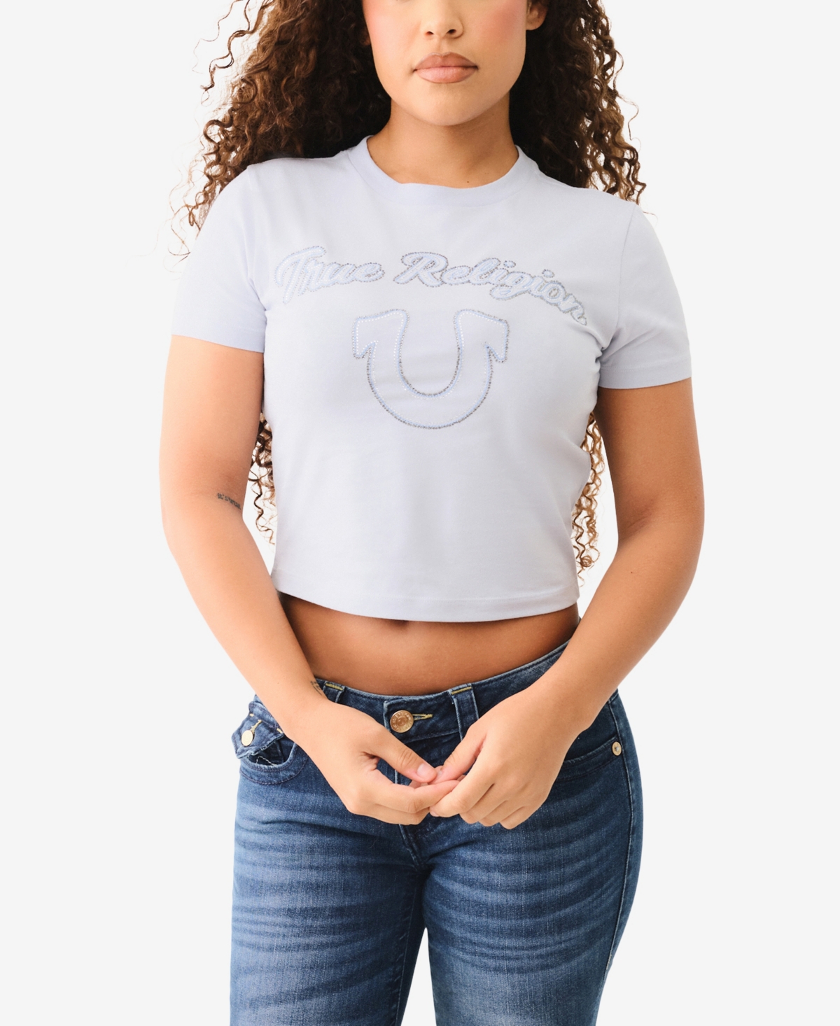 Shop True Religion Women's Arched Logo Baby Top In Zen Blue