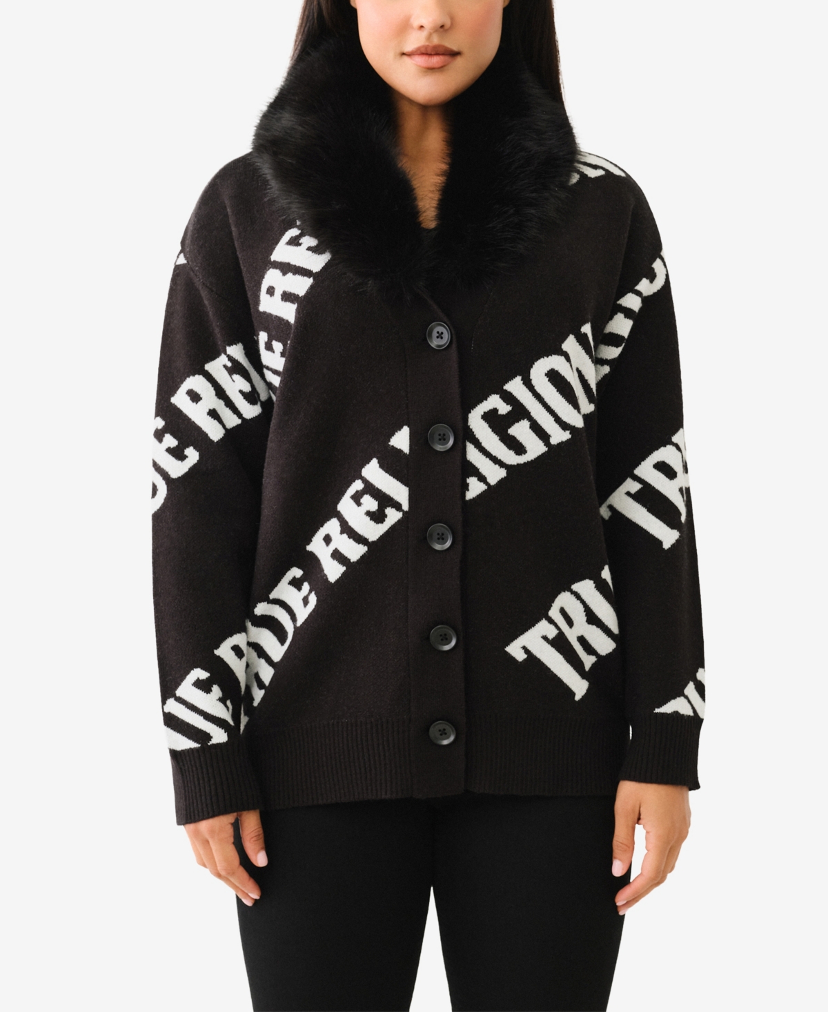 TRUE RELIGION WOMEN'S FAUX FUR COLLAR CARDIGAN SWEATER 