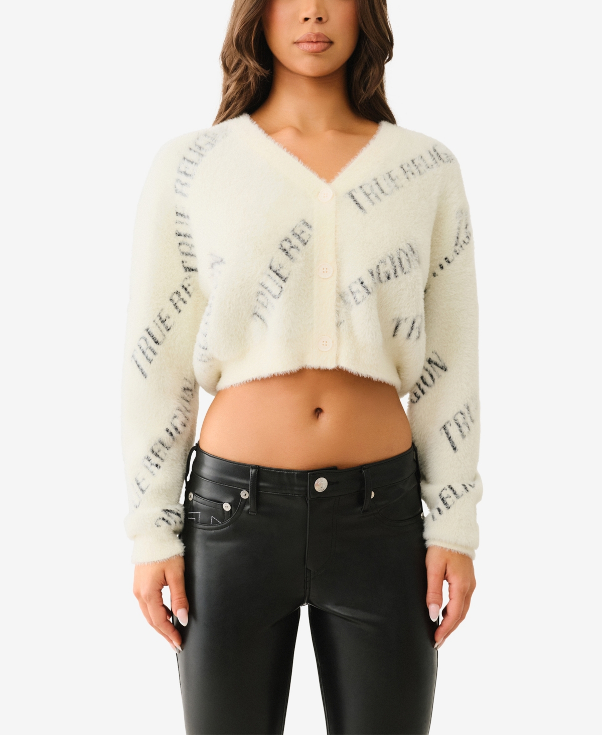 TRUE RELIGION WOMEN'S FUZZY LOGO CARDIGAN SWEATER 