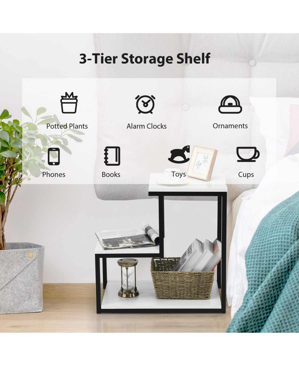 Gouun 3-Tier Ladder-Shaped Chair Side Table with Storage Shelf