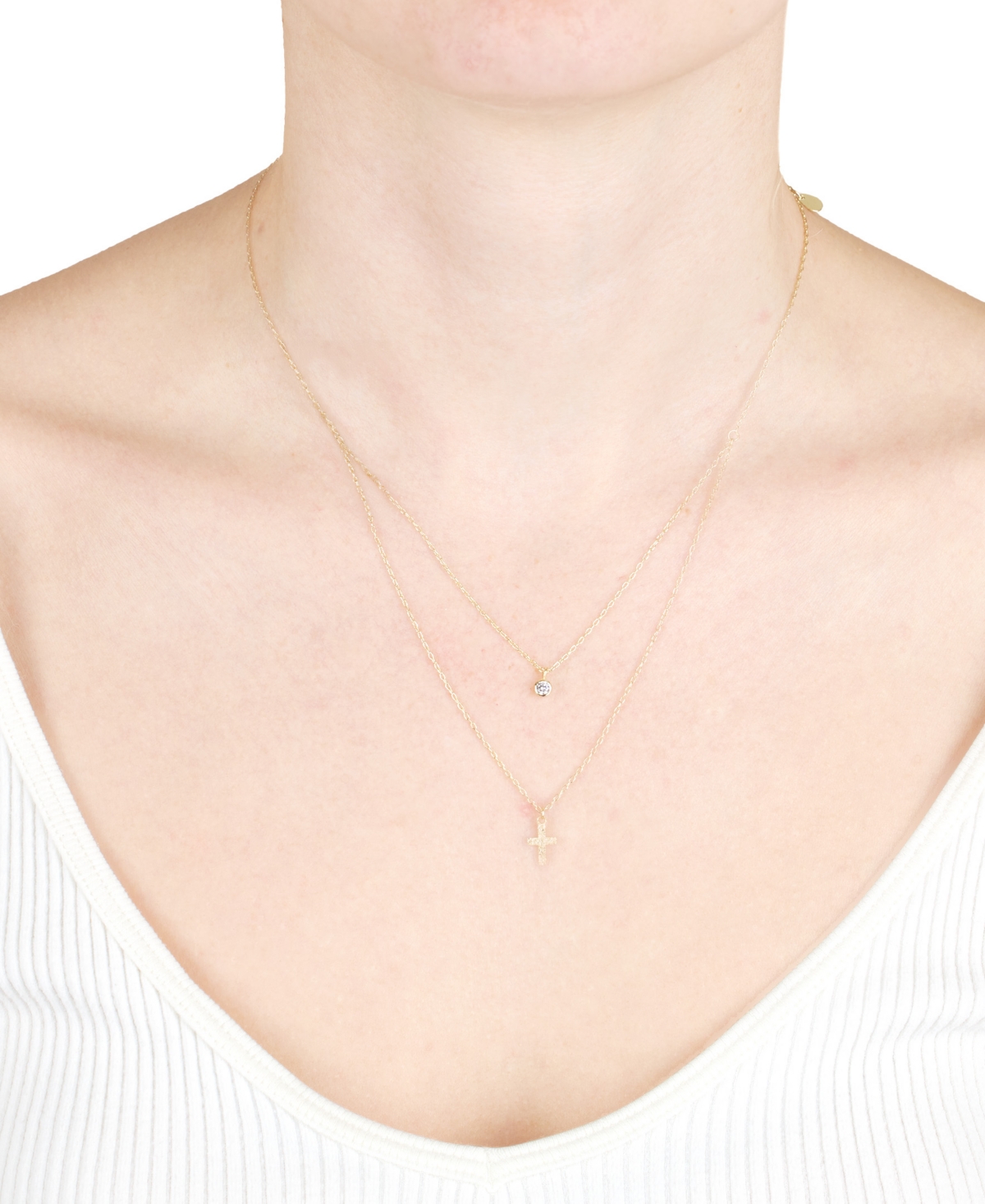 MACY'S ROUND CUBIC ZIRCONIA & CROSS TWO ROW PENDANT NECKLACE, 18" + 2" EXTENDER 
