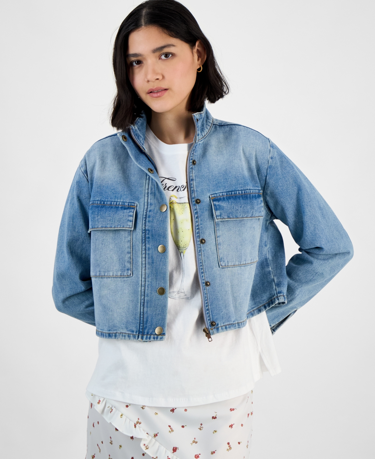 Women's Mock-Neck Cropped Denim Jacket, Exclusively at Macy's - Medium Wash