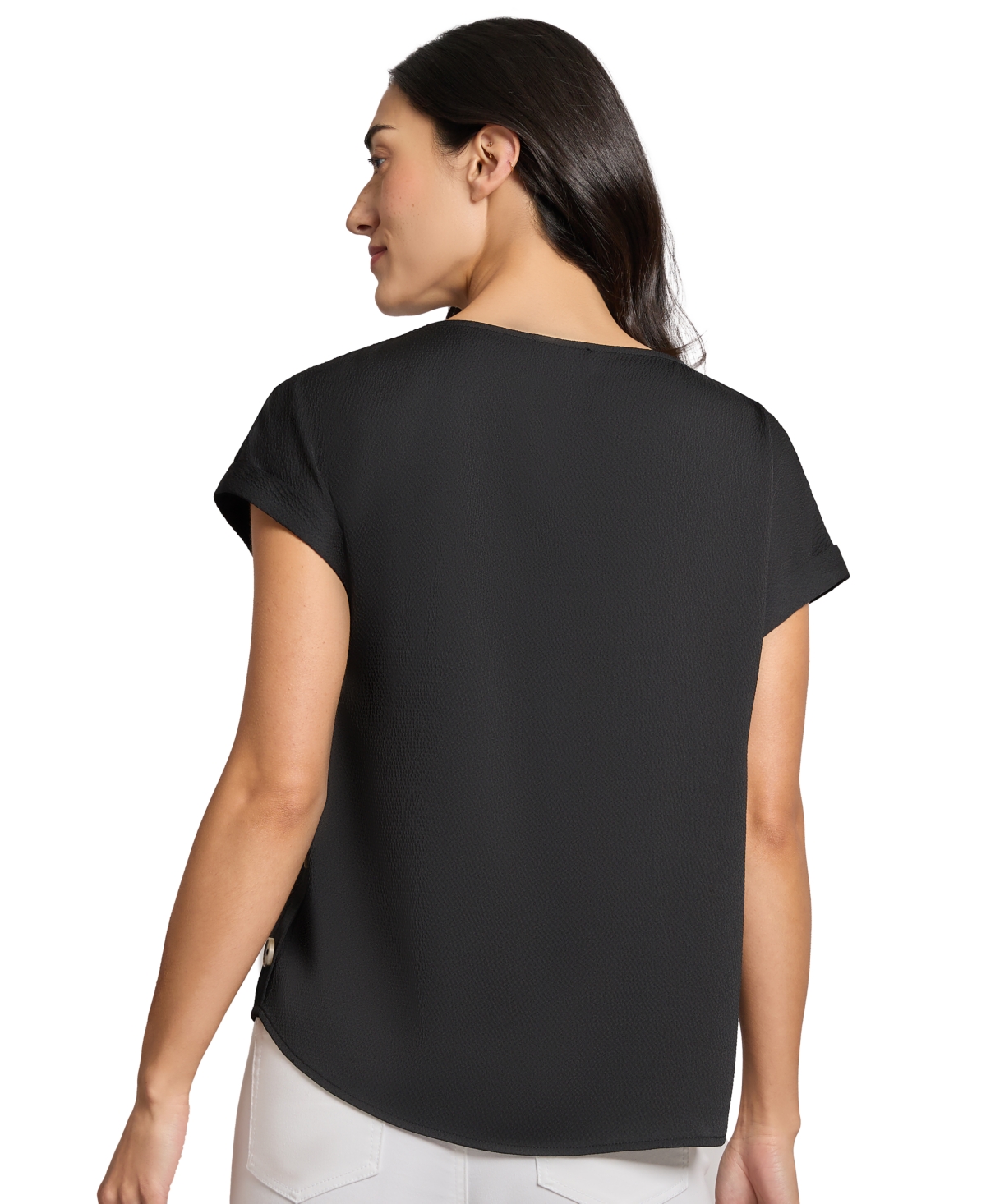 Jones New York Womens Button Detail Short Sleeve Pullover Top In Jones Black