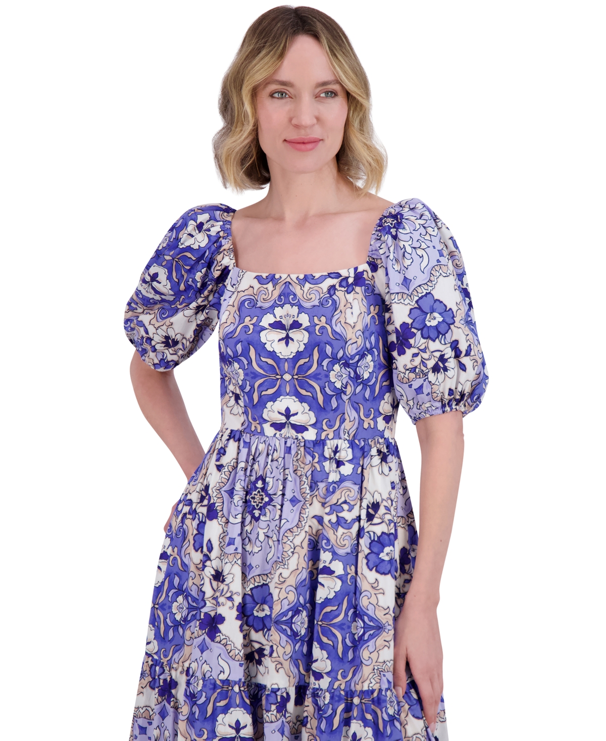 Vince Camuto Petite Printed Cotton Puff-sleeve Midi Dress In Blue,white