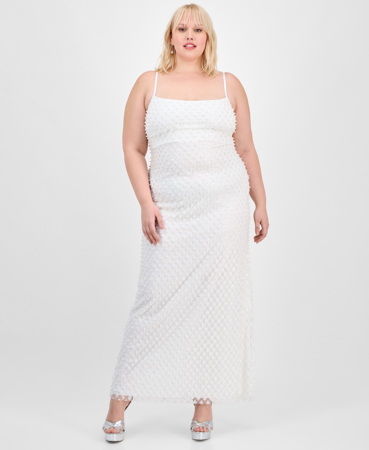 B Darlin Trendy Plus Size Pearl-embellished Mesh Sleeveless Gown In White