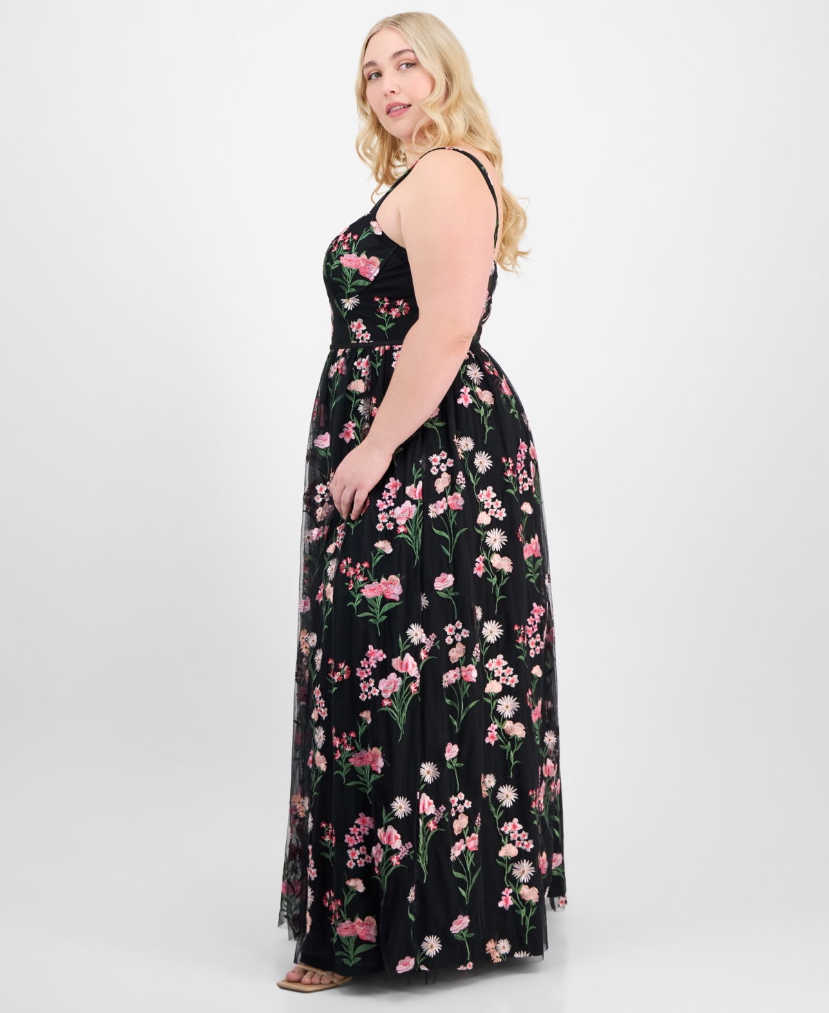 CITY STUDIOS TRENDY PLUS SIZE EMBROIDERED TULLE SLEEVELESS GOWN, CREATED FOR MACY'S 