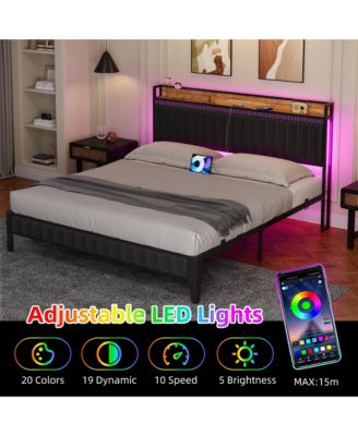 Queen Bed Frame with Charging Station, LED Bed Frame with Storage Headboard, Upholstered Platform Bed Frame