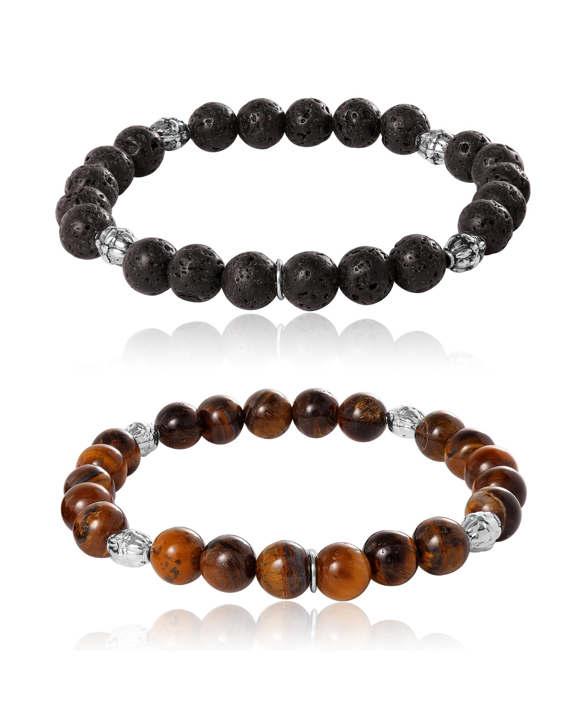Beaded Bracelets &#x2013; Tiger's Eye & Lava Matte Black Stone Stretch Set - Black, brown