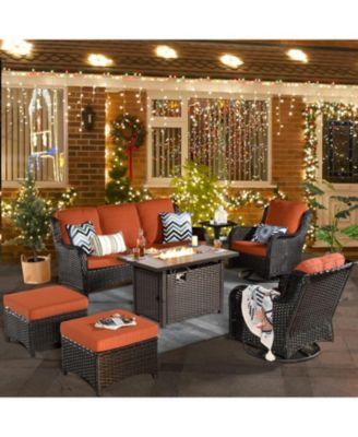 Outdoor Swivel Rocking Chairs Set, Patio Furniture Set with 50,000 BTU Rectangular Propane Fire Pit Table, 7 Pieces High Back Conversation Sofa and Side Table