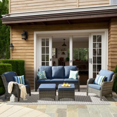Outdoor Furniture Patio Furniture Conversation Set 5 Pieces All Weather Wicker High Back Couch with Ottomans