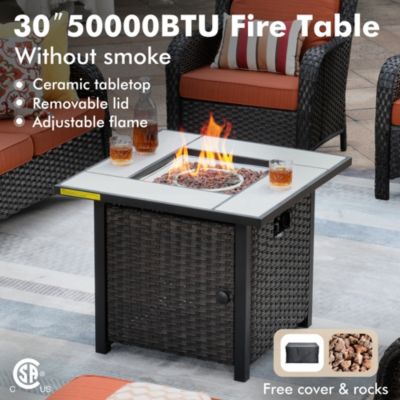 Patio Furniture Sets Outdoor Swivel Rocking Chairs with 50,000 BTU Propane Fire Pit Table 7 Pieces All Weather PE Wicker Conversation Sofa and Matching Side Table