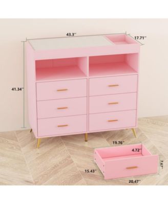 Dresser for Bedroom with 6 Drawers, Baby Changing Table Dresser with Changing Pad, LED Lights & Charging Station, Baby Changing Station with Changing Table Top