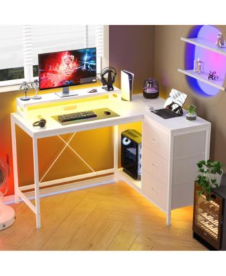 L Shaped Desk with Power Outlets & LED Lights, Computer Desk with Drawers & Shelves, Corner Desk Gaming Desk Home Office Desk