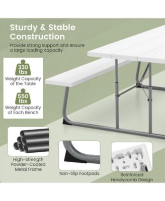 Folding Picnic Table Set with Metal Frame and All-Weather HDPE Tabletop, Umbrella Hole