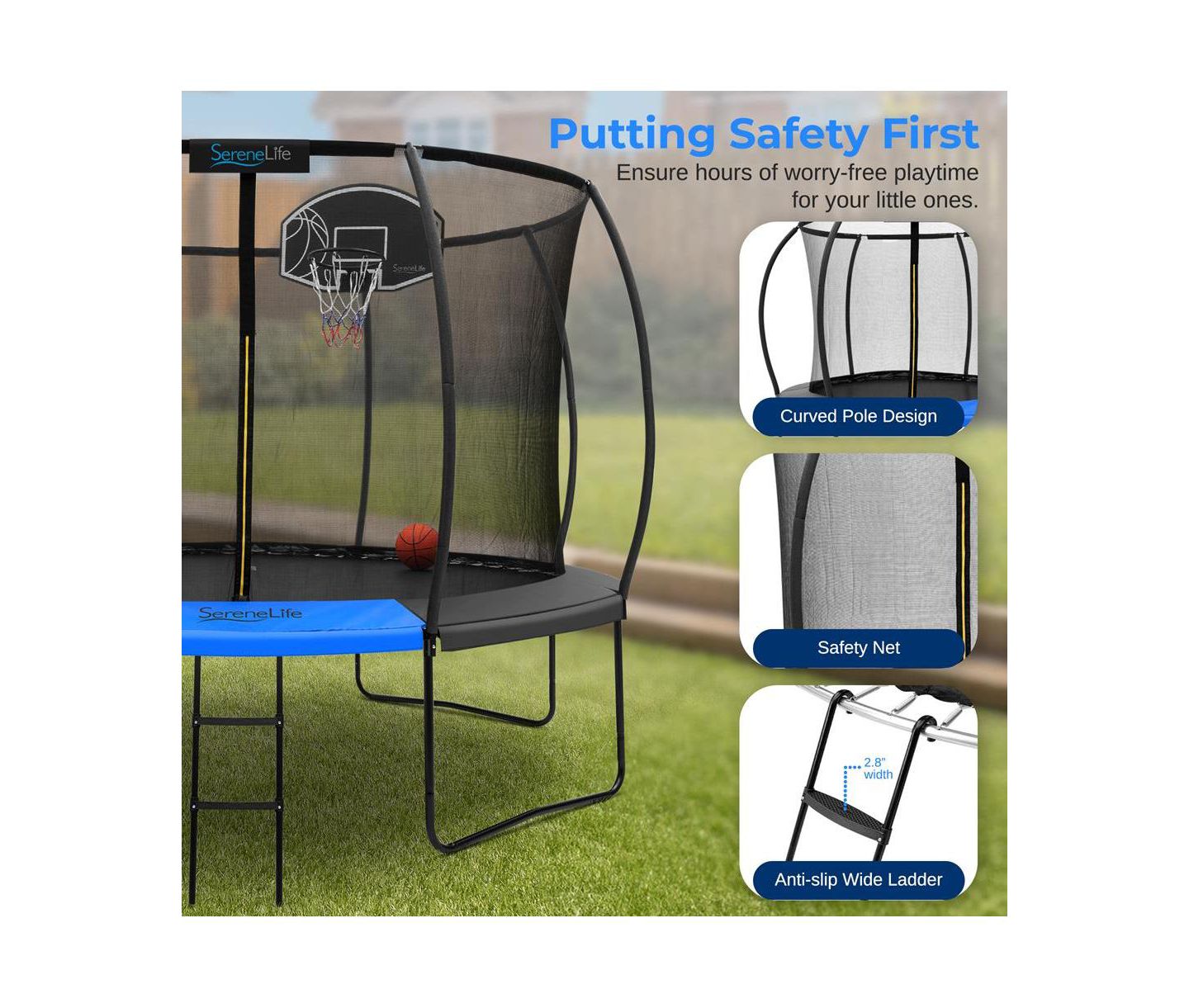 Детская игрушка SereneLife 10ft Pumpkin Trampoline with Inner Enclosure, Ladder, and Basketball Hoop for Kids — фото 3