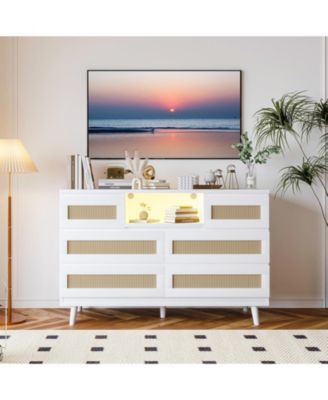 1Pc Natural Rattan & Particle Board 6-Drawer, RGB LED Light & Charging Station Storage Cabinet