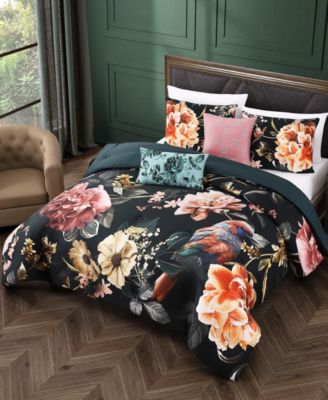 Botanical Birds Bedding 220 Thread Count 100% Cotton Sateen 5 Piece Queen Size Reversible Comforter Set