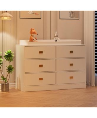 6-drawer, wood & metal, changing table dresser with removable top, power outlets, and pad – nursery station for baby bedroom.