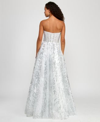 Juniors' Strapless Glitter Mesh Ball Gown