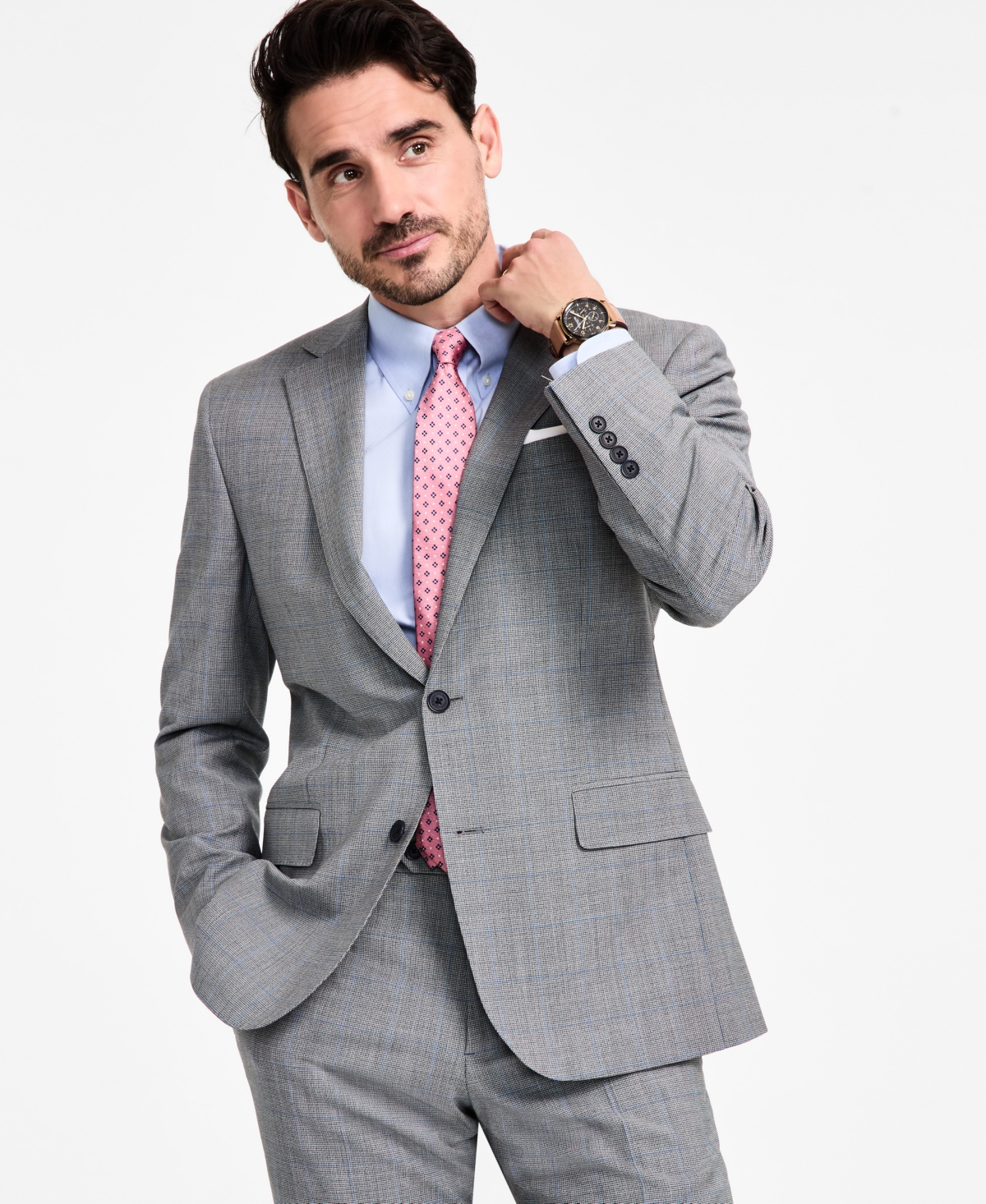 B by Brooks Brothers Men's Windowpane Wool-Blend Stretch Classic-Fit Suit Jacket - Grey