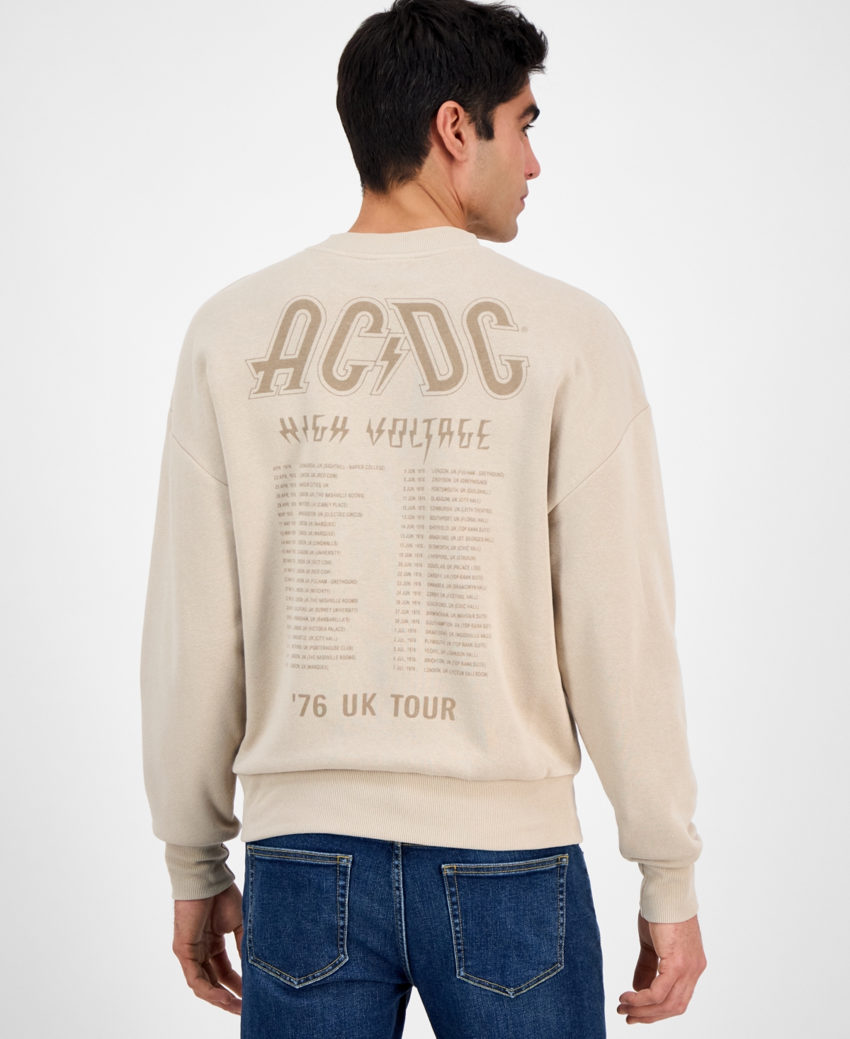 Tai Apparel Men's Ac/dc Relaxed Fit Long Sleeve Crewneck Graphic Sweatshirt In Beige