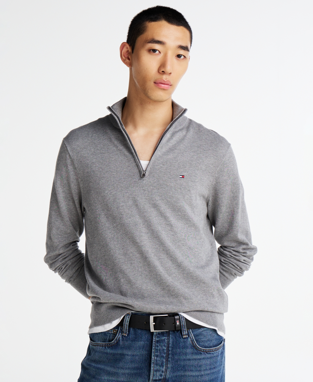 Tommy Hilfiger Men's Quarter-zip Pullover Knit Sweater In Medium Grey Heather