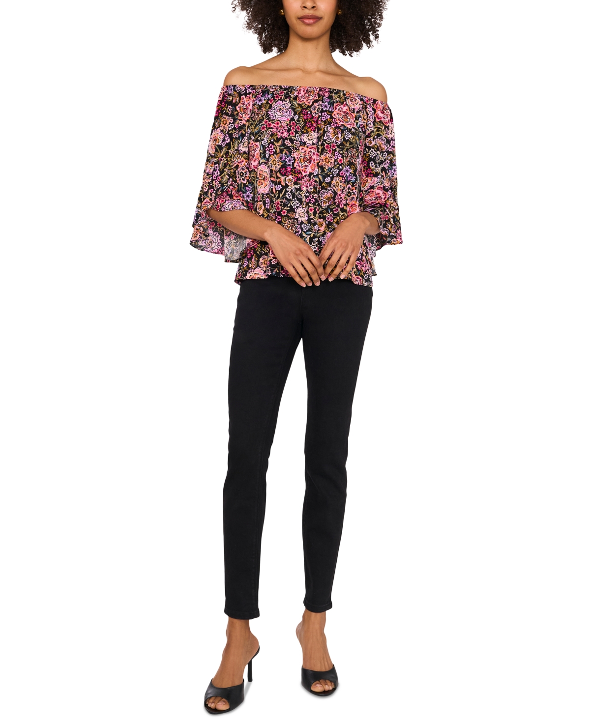 SAM & JESS PETITE OFF-THE-SHOULDER FLORAL-PRINT BELL-SLEEVE TOP 