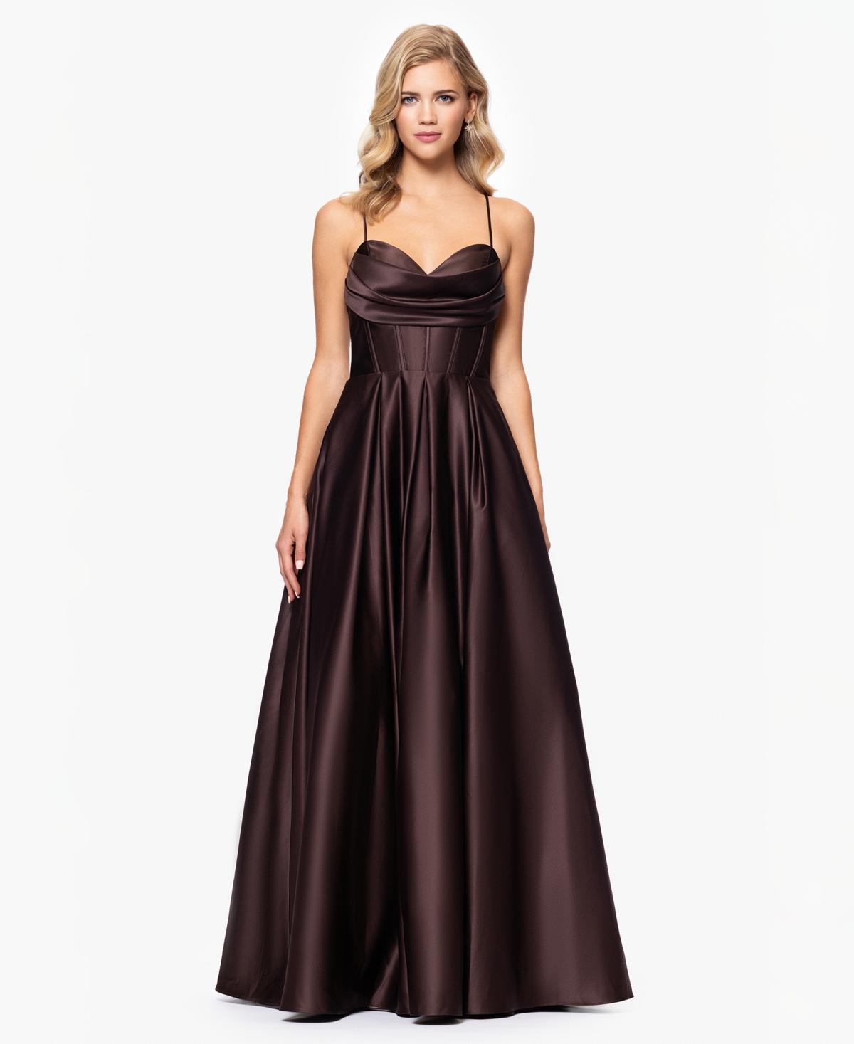 Juniors' Gathered-Bust Boned-Waist Ball Gown - Brown