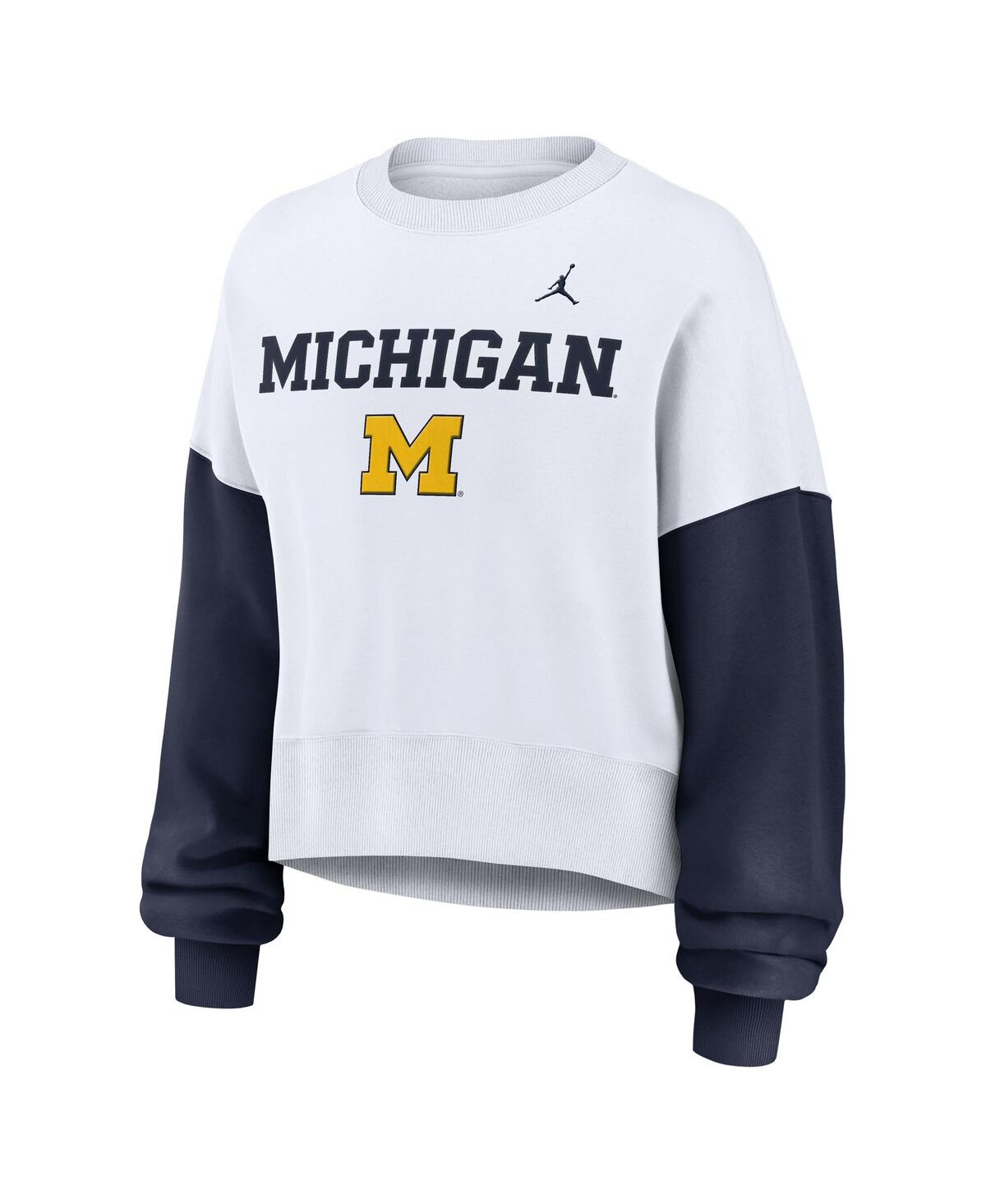 Nike Women's White Michigan Wolverines Color-block Oversized Cropped Pullover Sweatshirt In White,navy