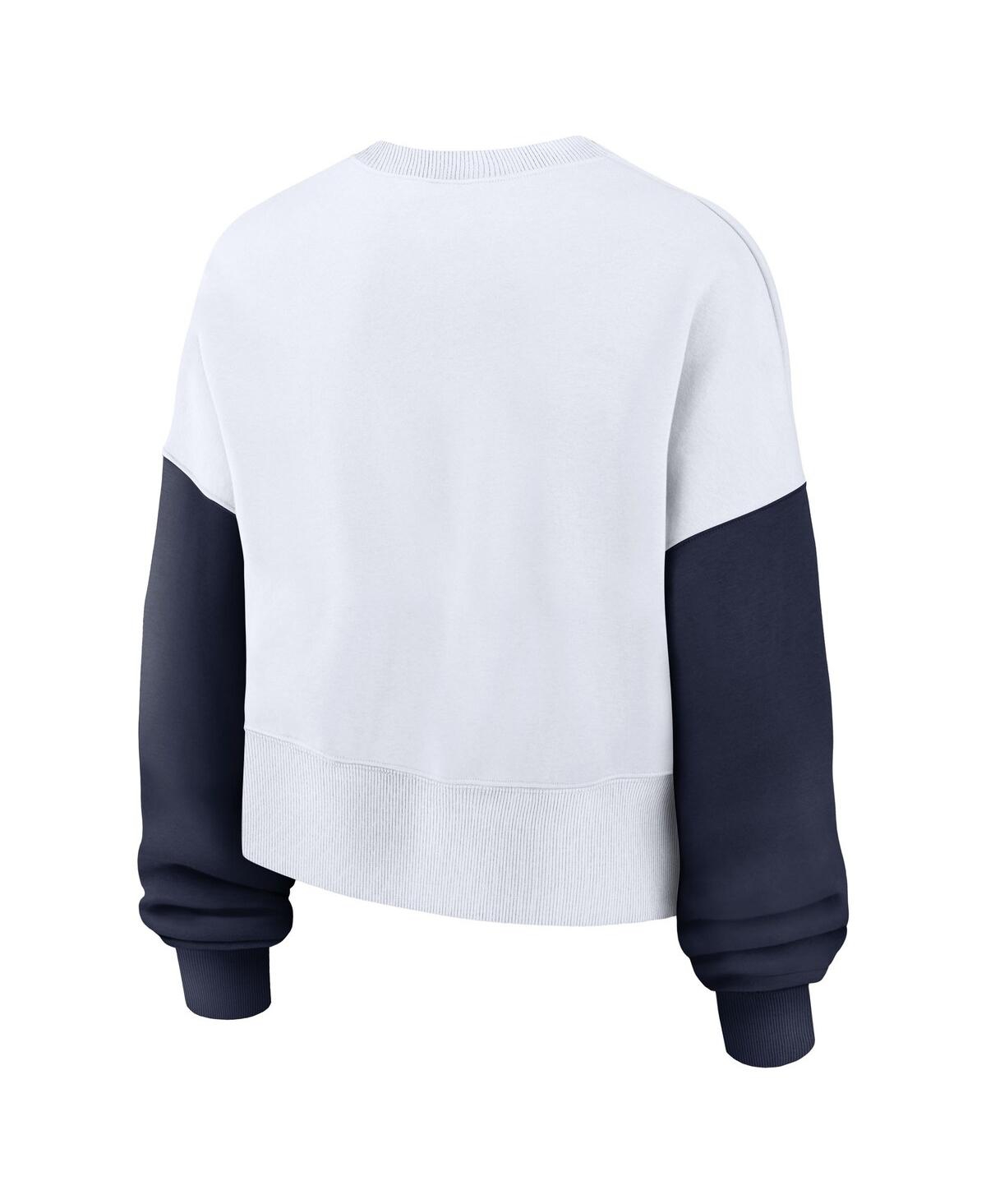Nike Women's White Michigan Wolverines Color-block Oversized Cropped Pullover Sweatshirt In White,navy
