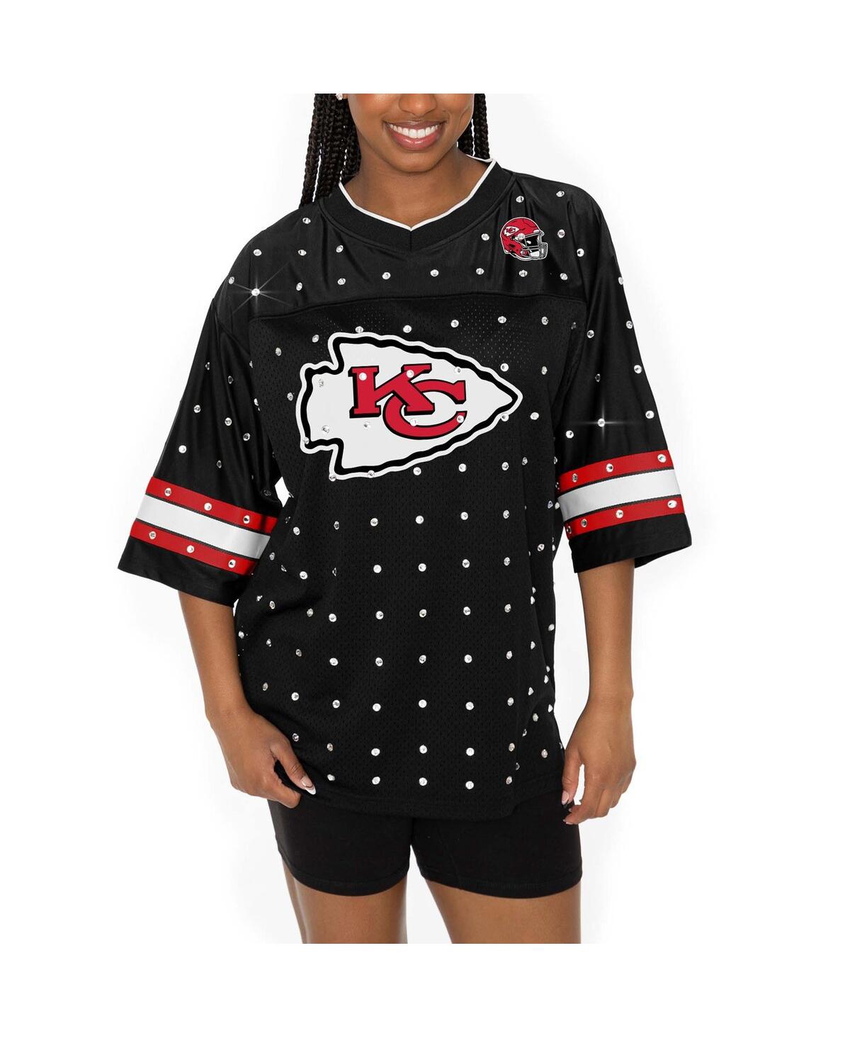 Women's Black Kansas City Chiefs Kickoff Time Allover Rhinestone Sports Stripe Jersey V-Neck T-Shirt - Black