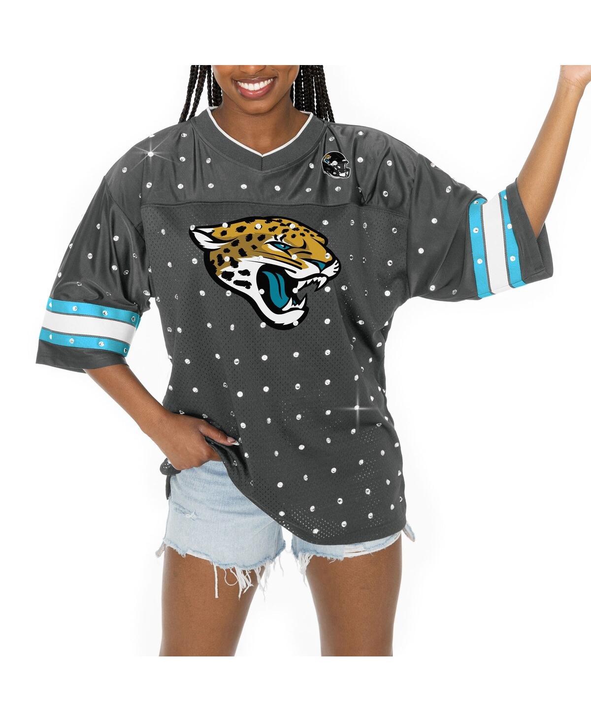 Shop Gameday Couture Women's Anthracite Jacksonville Jaguars Kickoff Time Allover Rhinestone Sports Stripe Jersey V-neck 
