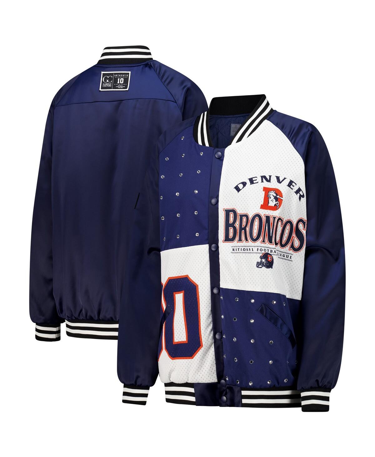 Shop Gameday Couture Women's Navy/white Denver Broncos Oversized Hot Shot Rhinestone Throwback Full-snap Varsity Bomber J In Navy,white