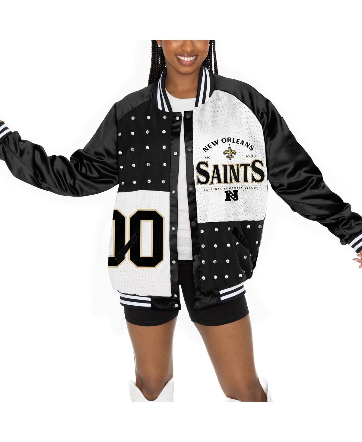 GAMEDAY COUTURE WOMEN'S BLACK/WHITE NEW ORLEANS SAINTS OVERSIZED HOT SHOT RHINESTONE THROWBACK FULL-SNAP VARSITY BOM 