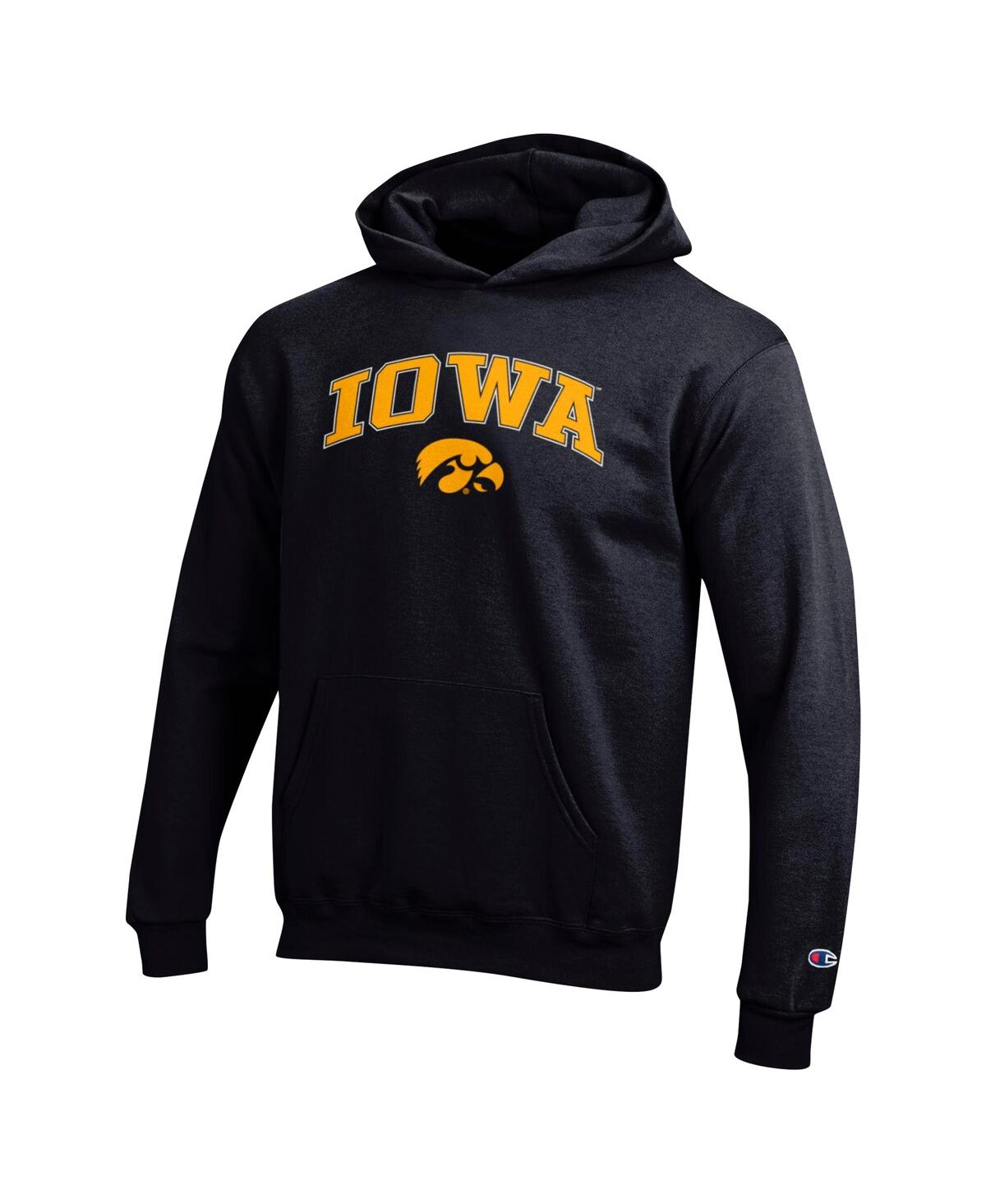 CHAMPION BIG BOYS AND GIRLS BLACK IOWA HAWKEYES CAMPUS PULLOVER HOODIE 