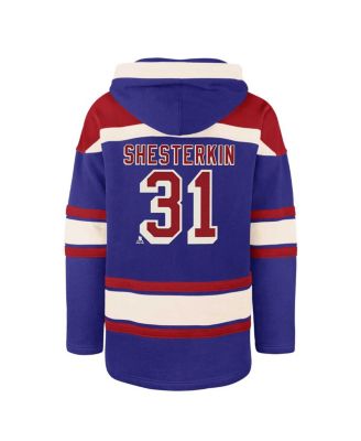 Men's Igor Shesterkin Blue New York Rangers Player Name Number Lacer Pullover Hoodie