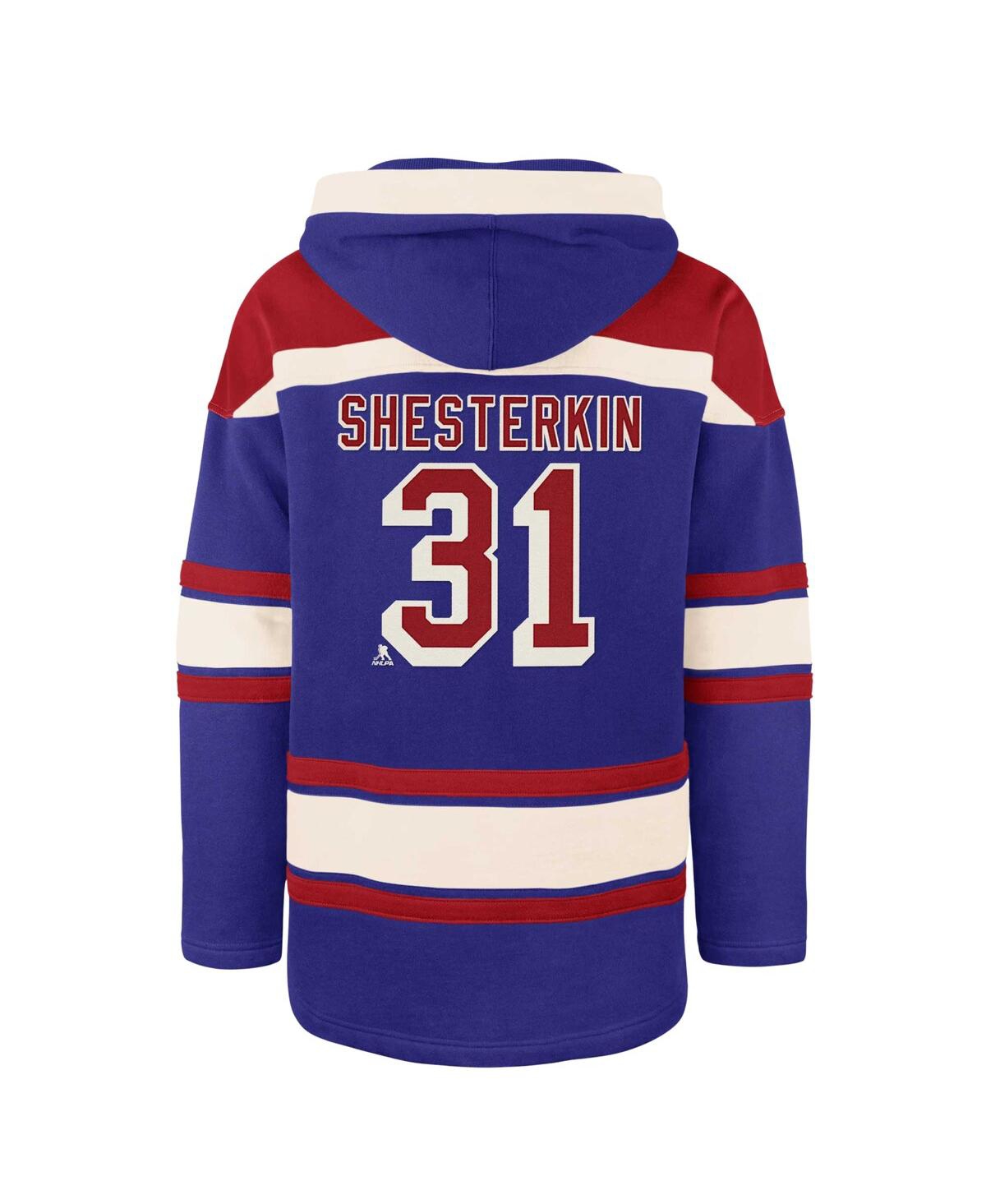 47 BRAND MEN'S IGOR SHESTERKIN BLUE NEW YORK RANGERS PLAYER NAME NUMBER LACER PULLOVER HOODIE