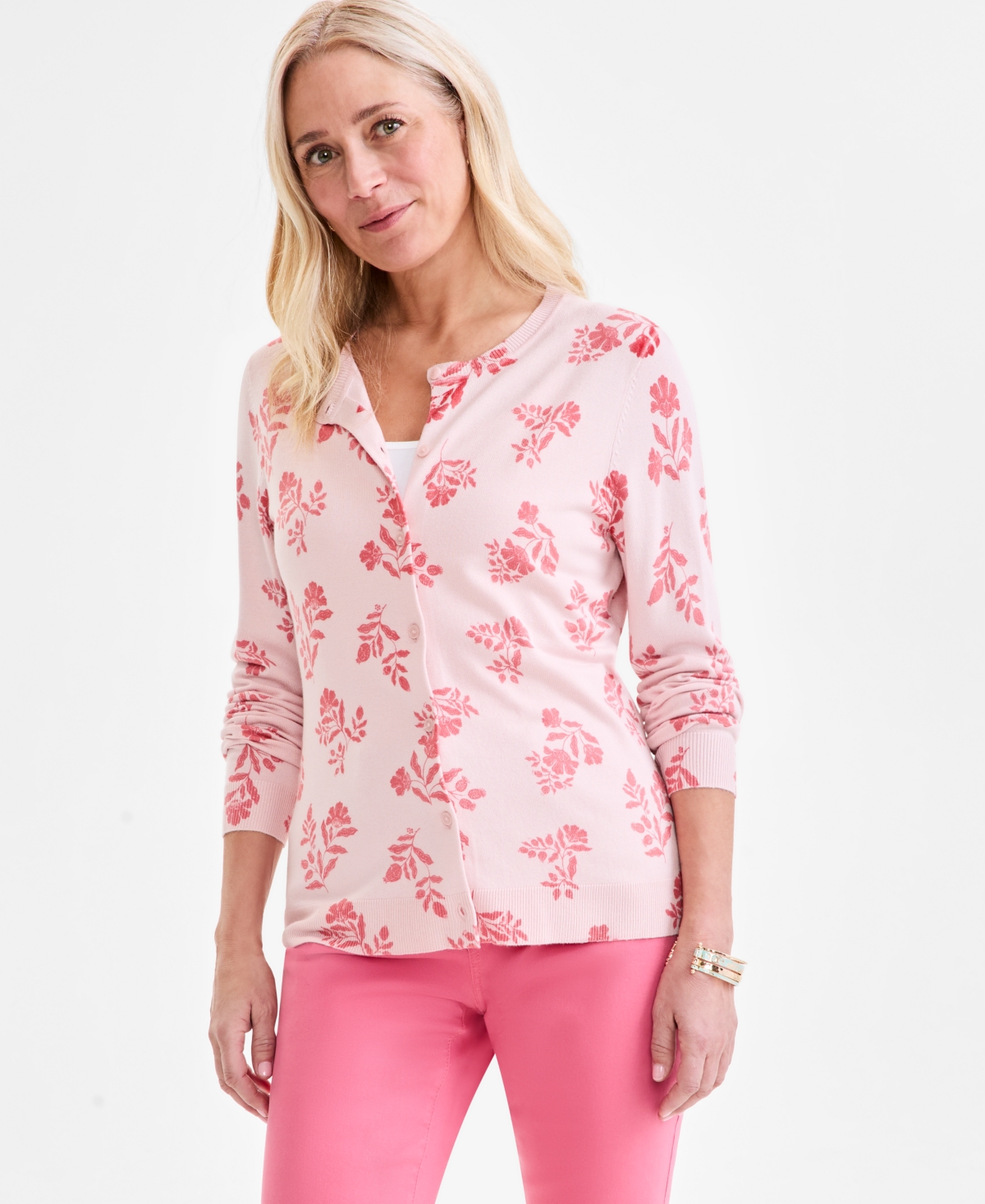 STYLE & CO WOMEN'S PRINTED CREWNECK BUTTON-FRONT CARDIGAN, EXCLUSIVELY AT MACY'S 