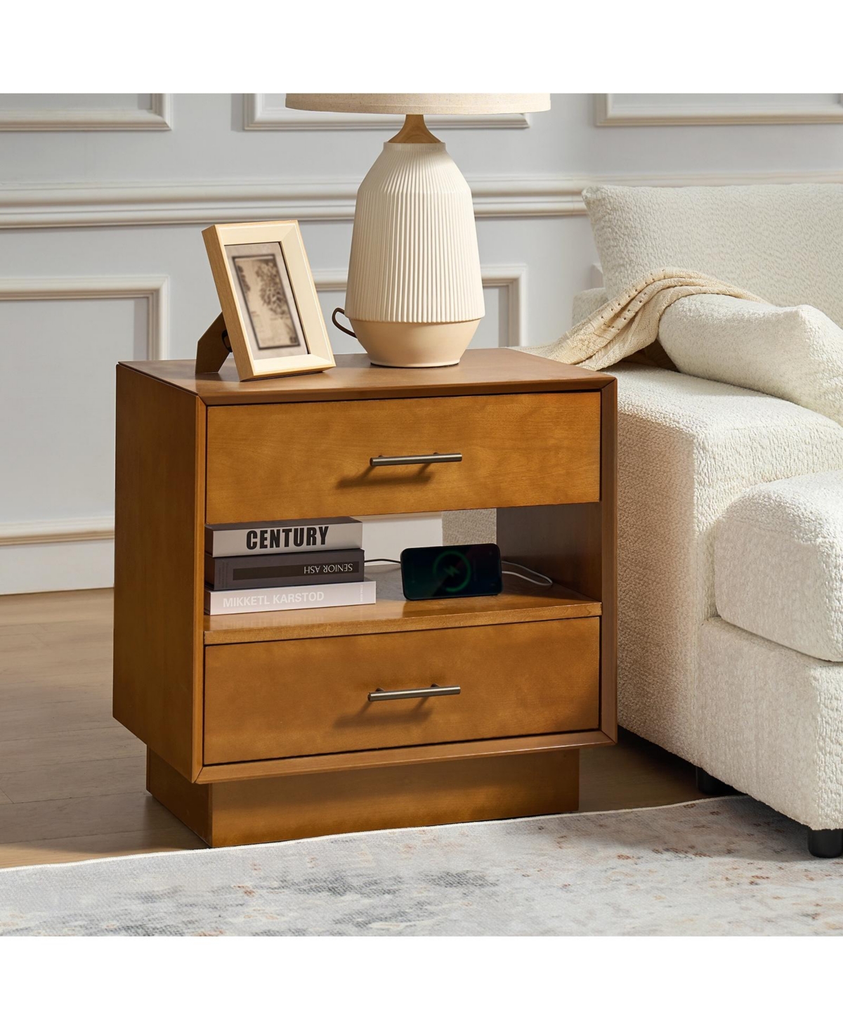 Hulala Home Zulema Mid-Century Modern 2-Drawer Nightstand with Built-In Outlets and Hidden Drawer
