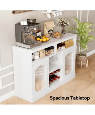 Modern Coffee Cabinet with Led Lights, White Bar Cabinet with 2 Glass Doors, Coffee Bar Cabinet with Adjustable Shelves, Wine Cabinet with Wine Racks for Kitchen, Dining Room, Living Room